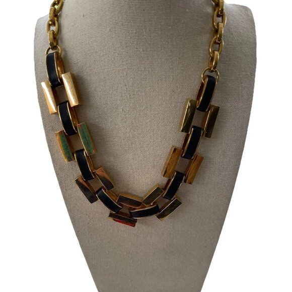 Ann Taylor Vintage Matte Gold and Black Leather Link Chain Necklace Quality 19” - Picture 12 of 16